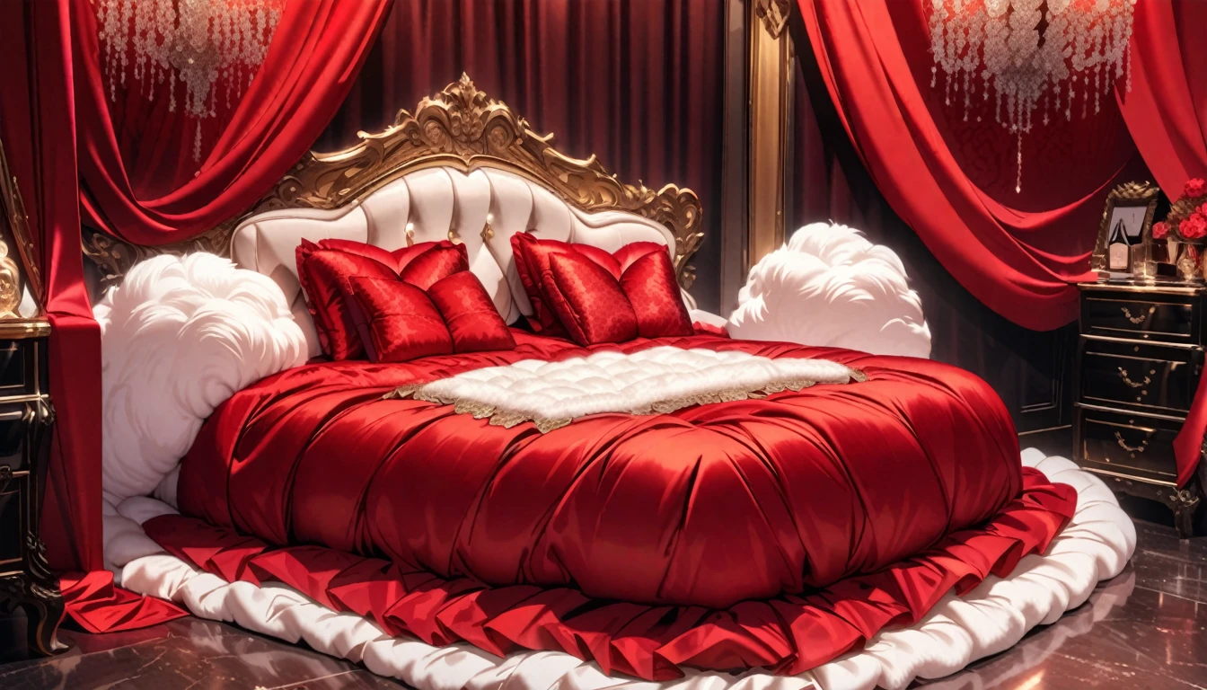 Fluffy red silk duvet、Lots of giant silk pillows、Luxurious fluffy red silk bed
