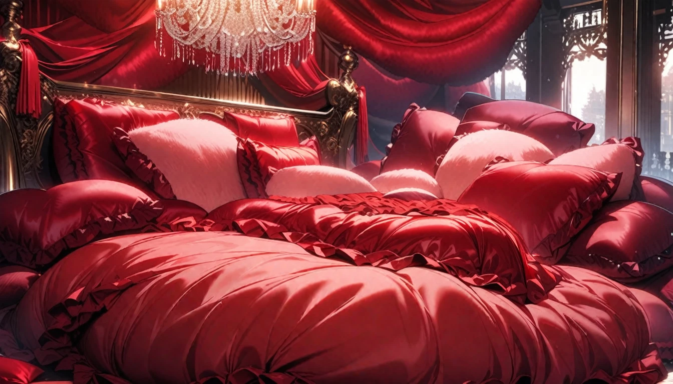 A fluffy red silk feather duvet, many huge silk body pillows, a luxurious and fluffy red silk bed, red silk sheets, 8k, best quality, high detailed, photorealistic, dramatic lighting, warm tones, luxurious, soft, plush, velvet, satin, velvety textures, elegant, sophisticated, premium, lavish, opulent, sumptuous, indulgent, exquisite, refined, lush