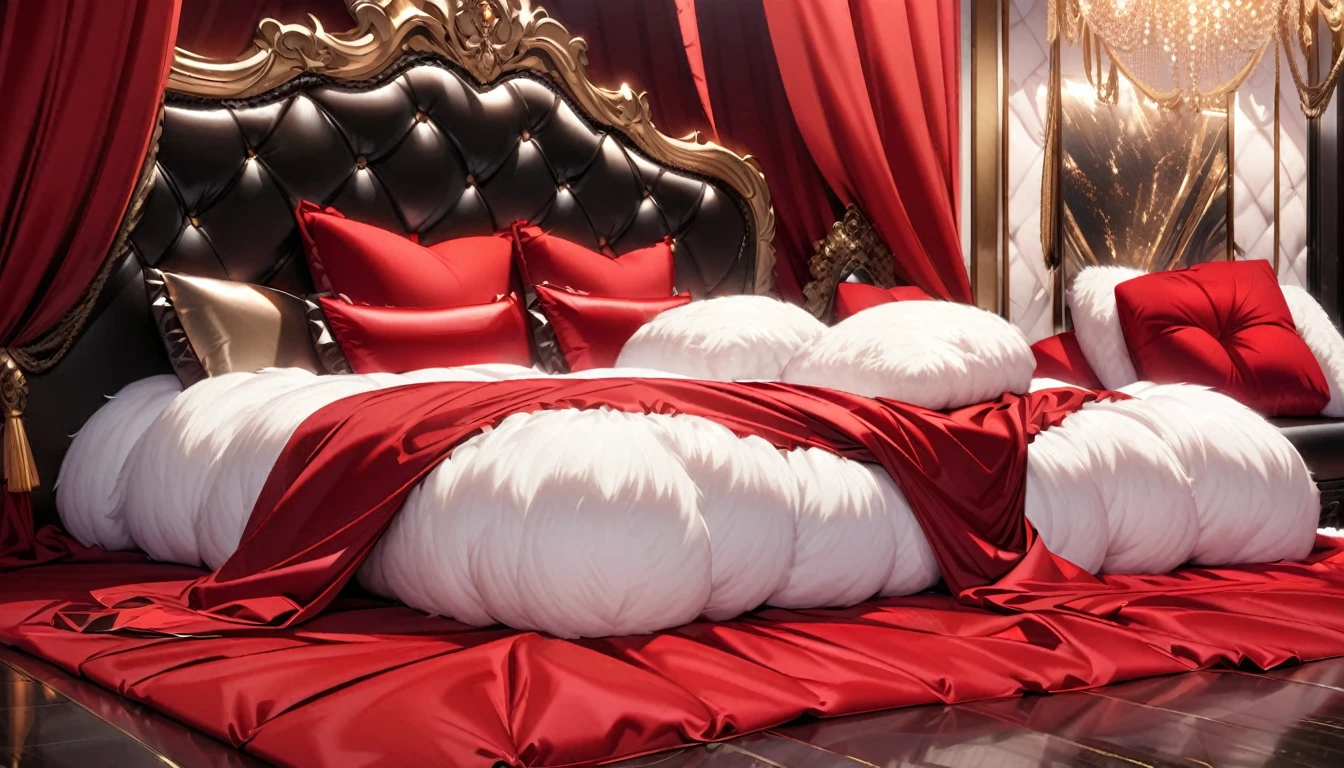 Fluffy red silk duvet、Lots of giant silk pillows、Luxurious fluffy red silk bed