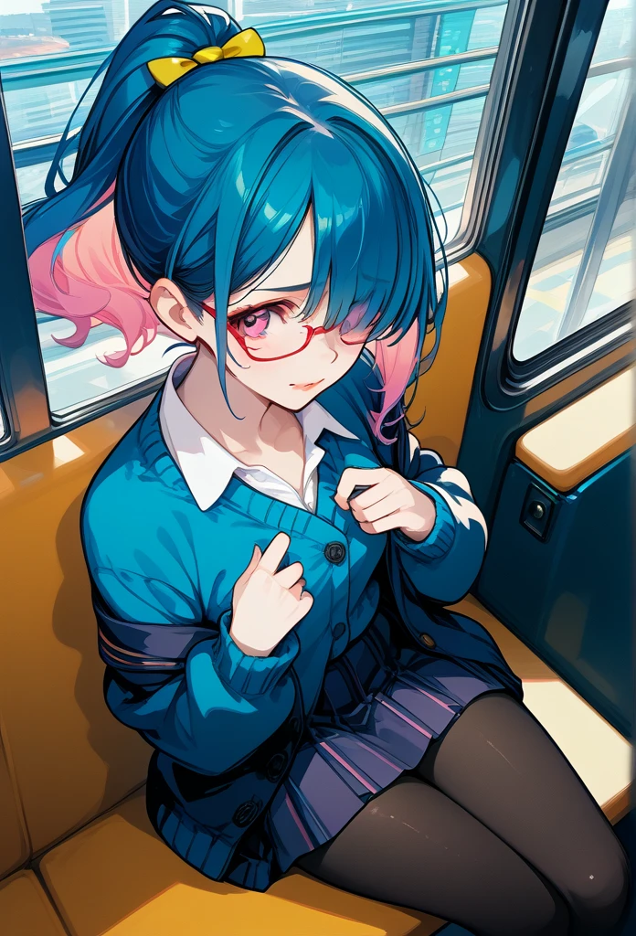 mature woman, mature face, pink eyes, shy expression, shy face, nervous smile, glossy lips, ponytail hair, (blue hair color, pink gradient hair color, azure color hair), bangs covering left eye, left blinding bangs hairstyle, mature body, small breasts, dark blue cardigan, open cardigan, white shirt, short skirt, navy color skirt, pantyhose, sitting in train, bullet train, tokyo through windows, windows behind, above view