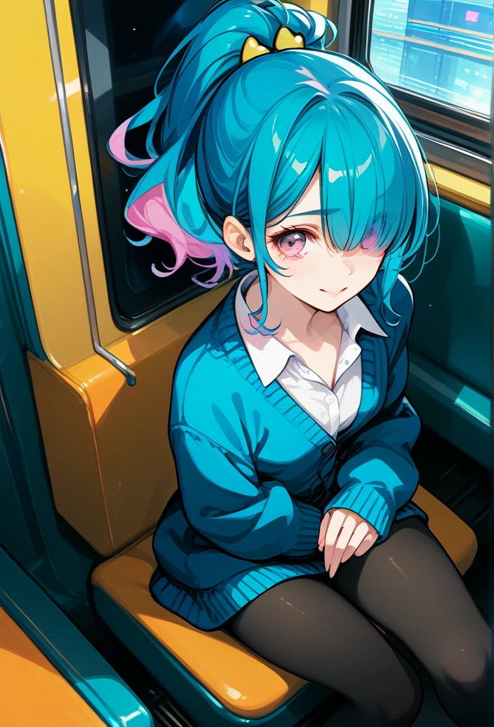 mature woman, mature face, pink eyes, shy expression, shy face, nervous smile, glossy lips, ponytail hair, (blue hair color, pink gradient hair color, azure color hair), bangs covering left eye, left blinding bangs hairstyle, mature body, small breasts, dark blue cardigan, open cardigan, white shirt, short skirt, navy color skirt, pantyhose, sitting in train, bullet train, tokyo through windows, windows behind, above view
