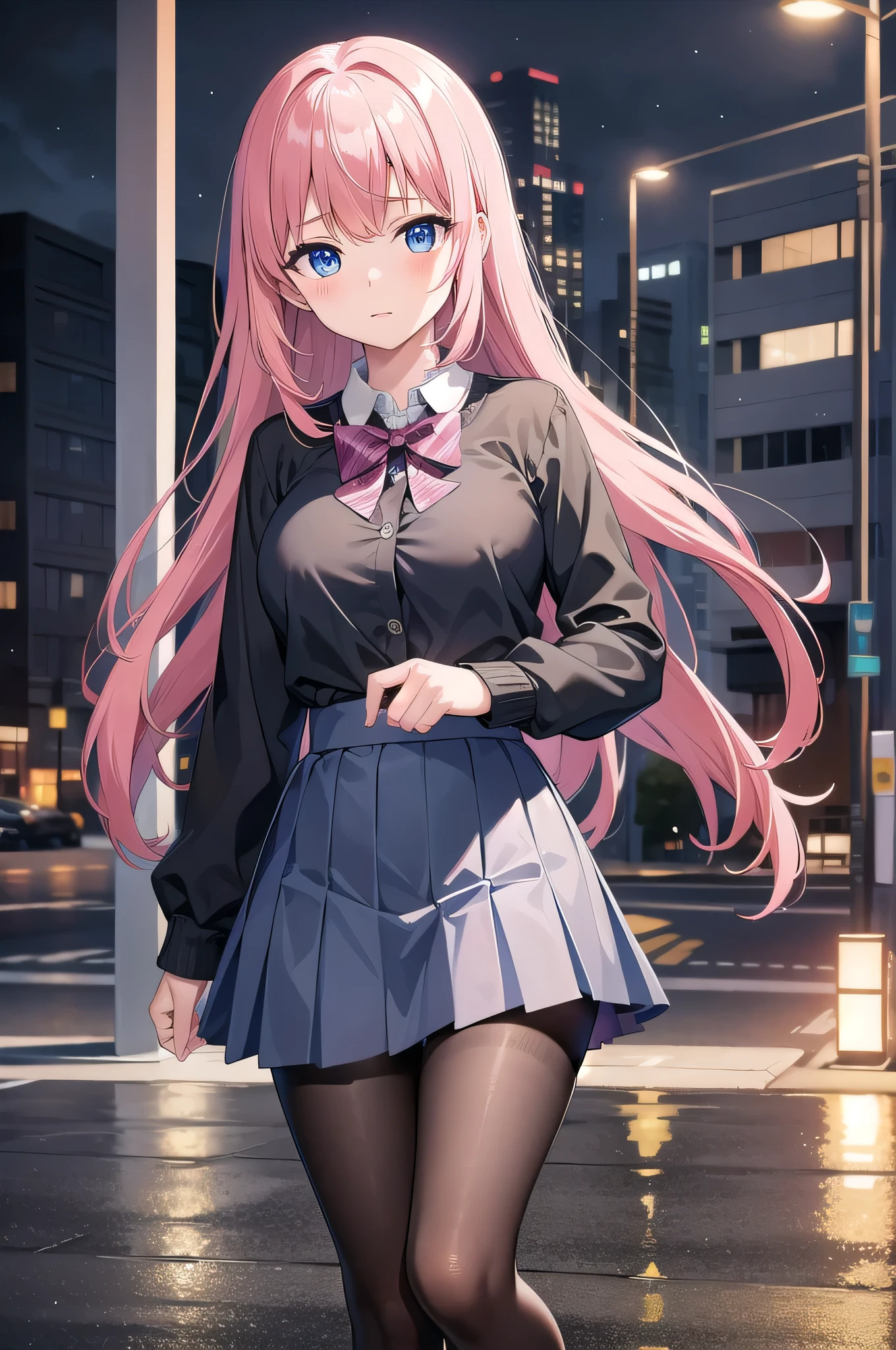 nodokaharamura, nodoka haramura, blue eyes, hair bow, long hair, pink hair, bow,
BREAK blue skirt, kiyosumi , pleated skirt,serafuku, skirt,
BREAK looking at viewer,
BREAK indoors, city,night,neon lights,rain,wet road,reflections
BREAK (masterpiece:1.2), best quality, high resolution, unity 8k wallpaper, (illustration:0.8), (beautiful detailed eyes:1.6), extremely detailed face, perfect lighting, extremely detailed CG, (perfect hands, perfect anatomy),black pantyhose, full body, standing in street, wet uniform,bra vissible,nipples,nipples see through,