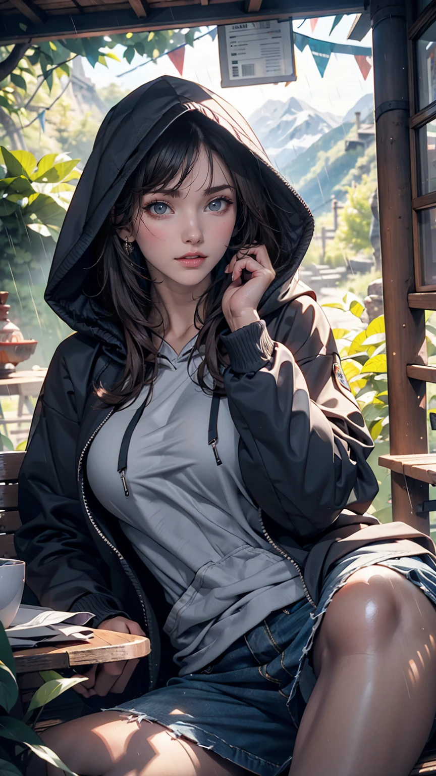 Alps on a rainy day、Wearing a poncho、24-year-old woman、Wear a hood、Wear trekking shoes