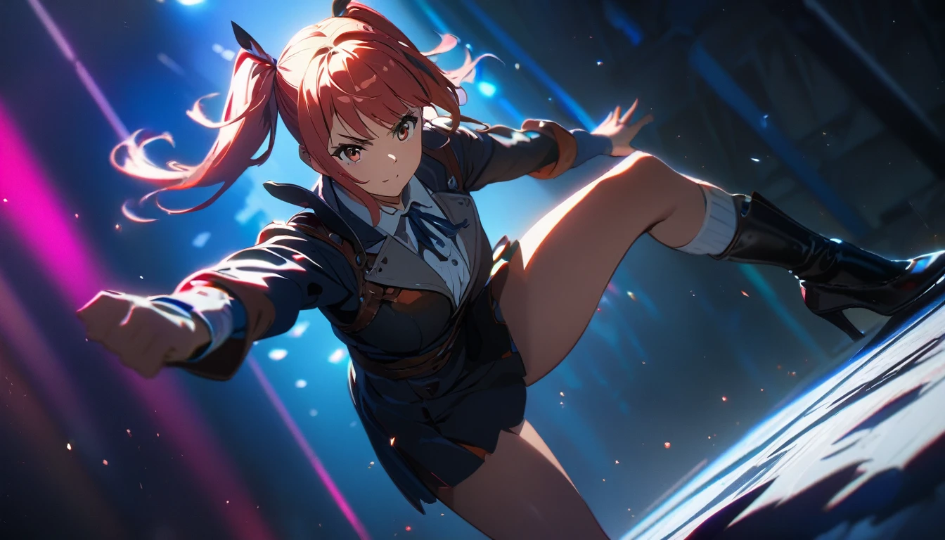 1girl, twintail girl, fighting, high kick, anime style, perfect face, long eyelashes, cinematic angle, cinematic lighting, cinematic shadows, dynamic pose, (best quality,8k,highres,:1.2),ultra-detailed,vivid colors,HDR,UHD,studio lighting,ultra-fine painting,sharp focus,physically-based rendering,extreme detail description,professional