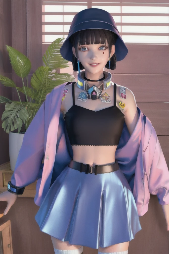 highres, masterpiece, best quality, ultra detailed, detailed eyes, detailed face,
indoors, cowboy shot,
1girl, jyanme, blue skirt, white thighhighs, rounded hat, pink jacket, belt, looking at viewer, midriff, black crop top, pleated skirt, zettai ryouiki, open clothes, off shoulder, black top, headphones around neck, see-through, choker, blue hat, earring, bracelet, (smile:0.8), parted lips, facial mark, plant, sticker,
