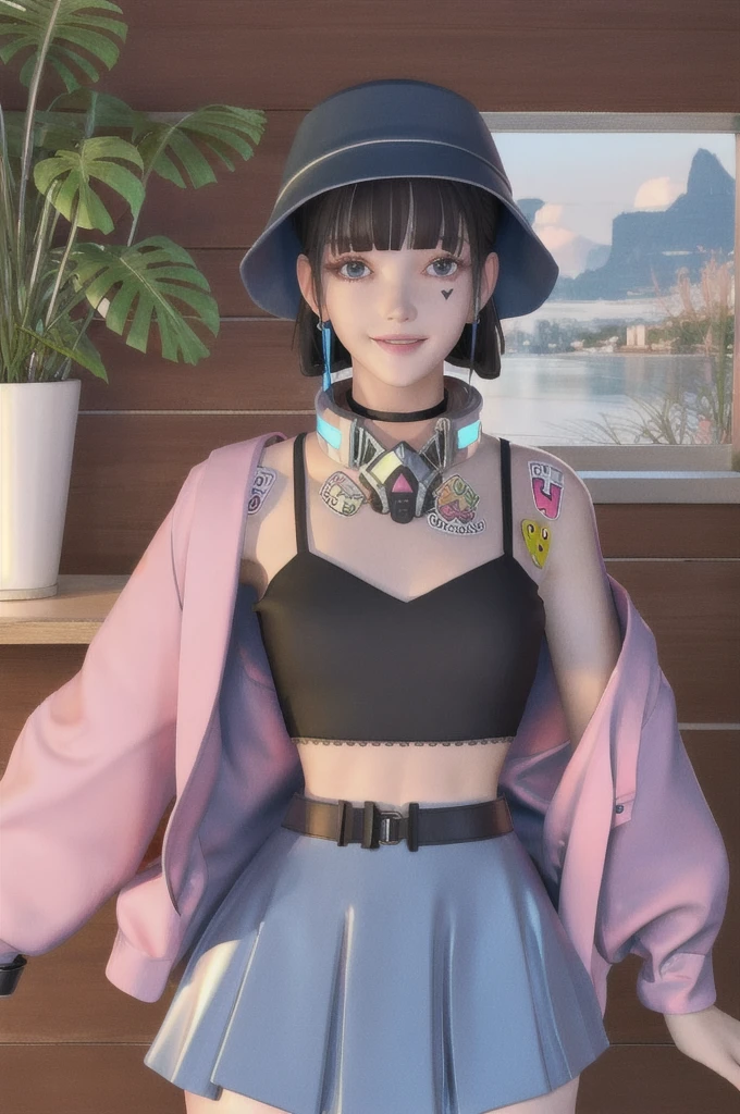 highres, masterpiece, best quality, ultra detailed, detailed eyes, detailed face,
indoors, cowboy shot,
1girl, jyanme, blue skirt, white thighhighs, rounded hat, pink jacket, belt, looking at viewer, midriff, black crop top, pleated skirt, zettai ryouiki, open clothes, off shoulder, black top, headphones around neck, see-through, choker, blue hat, earring, bracelet, (smile:0.8), parted lips, facial mark, plant, sticker,
