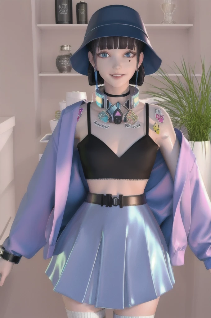 highres, masterpiece, best quality, ultra detailed, detailed eyes, detailed face,
indoors, cowboy shot,
1girl, jyanme, blue skirt, white thighhighs, rounded hat, pink jacket, belt, looking at viewer, midriff, black crop top, pleated skirt, zettai ryouiki, open clothes, off shoulder, black top, headphones around neck, see-through, choker, blue hat, earring, bracelet, (smile:0.8), parted lips, facial mark, plant, sticker,
