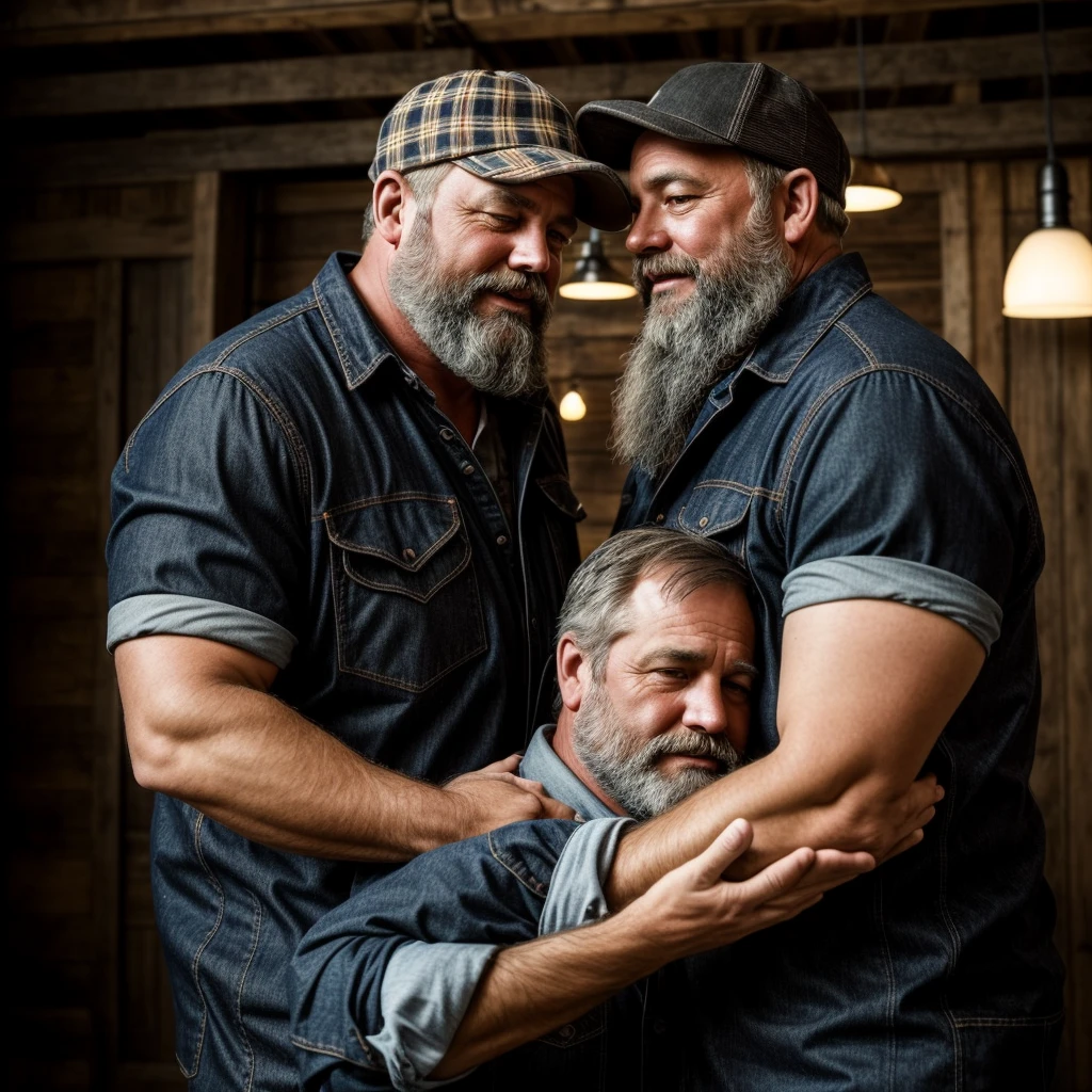 "8KUHD Create a professional studio-style photograph featuring two middle-aged, burly, and rugged men in lumberjack attire. They have beards, caps, checkered shirts, and worn-out jeans. They are kissing each other, their faces almost close, mouths glued together , in a romantic and virile scene. Utilize all appropriate lighting techniques for studio photography. The background should be black." HDR