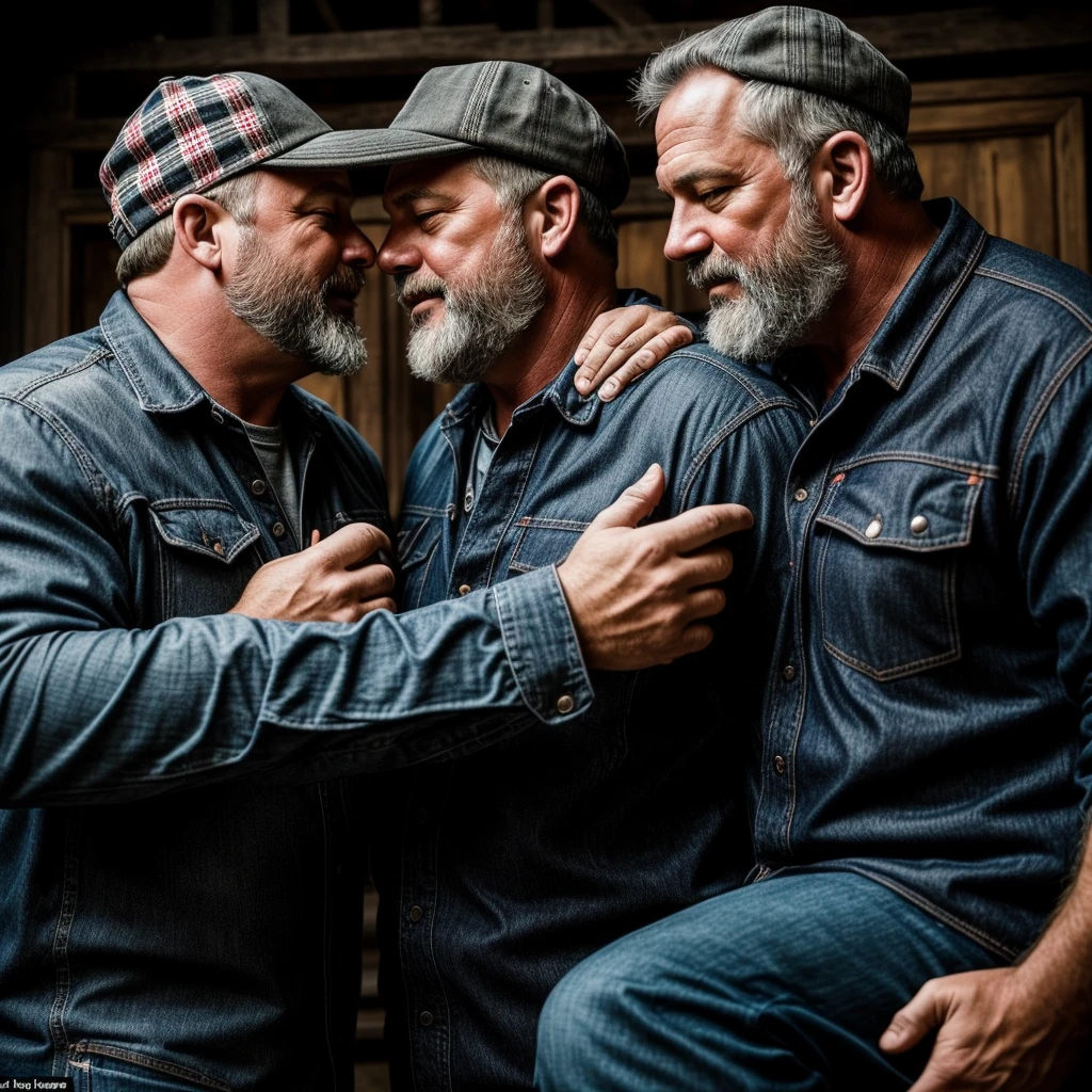 "8KUHD Create a professional studio-style photograph featuring two middle-aged, burly, and rugged men in lumberjack attire. They have beards, caps, checkered shirts, and worn-out jeans. They are kissing each other, their faces almost close, mouths glued together , in a romantic and virile scene. Utilize all appropriate lighting techniques for studio photography. The background should be black." HDR