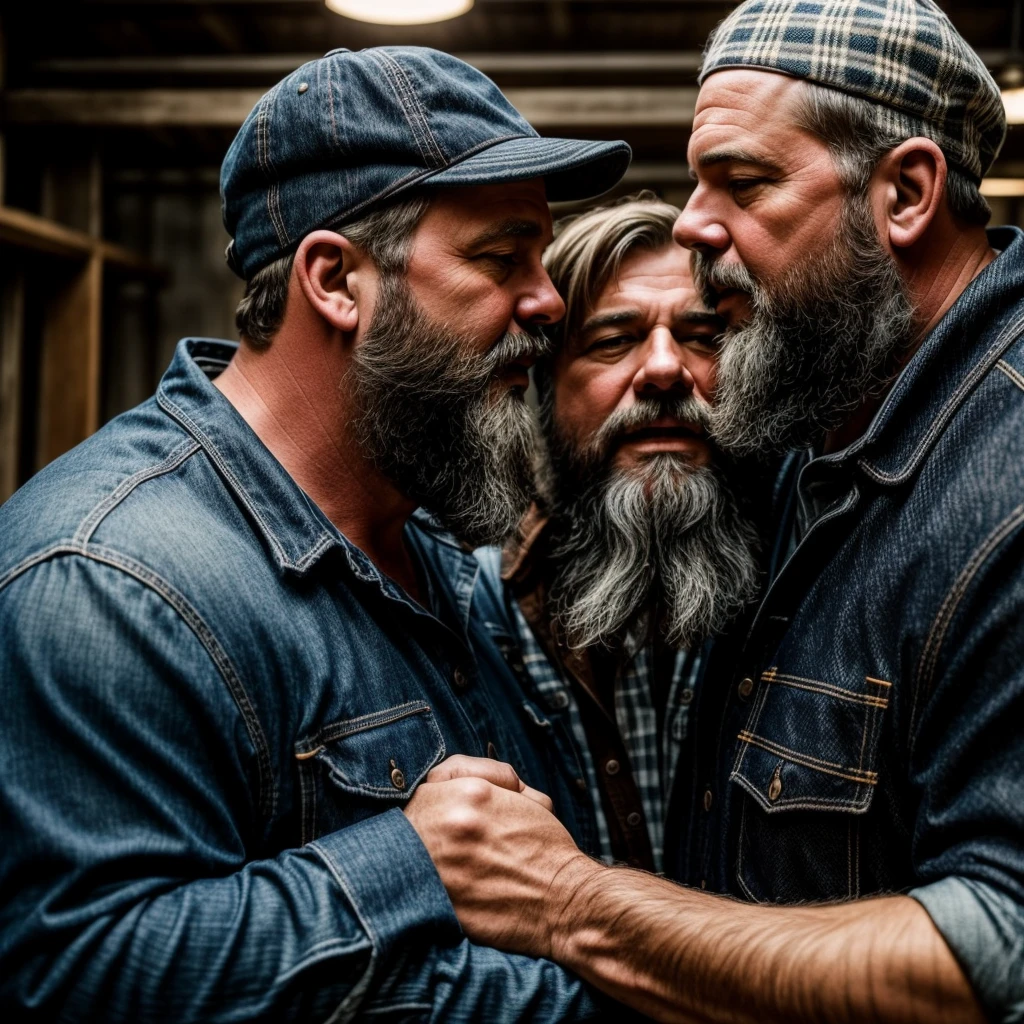 "8KUHD Create a professional studio-style photograph featuring two middle-aged, burly, and rugged men in lumberjack attire. They have beards, caps, checkered shirts, and worn-out jeans. They are kissing each other, their faces almost close, mouths glued together , in a romantic and virile scene. Utilize all appropriate lighting techniques for studio photography. The background should be black." HDR