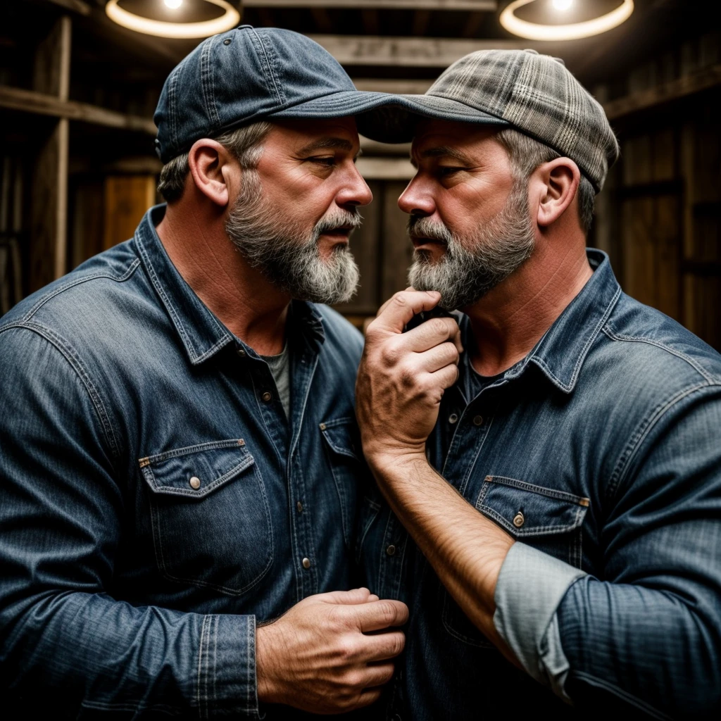 "8KUHD Create a professional studio-style photograph featuring two middle-aged, burly, and rugged men in lumberjack attire. They have beards, caps, checkered shirts, and worn-out jeans. They are kissing each other, their faces almost close, mouths glued together , in a romantic and virile scene. Utilize all appropriate lighting techniques for studio photography. The background should be black." HDR