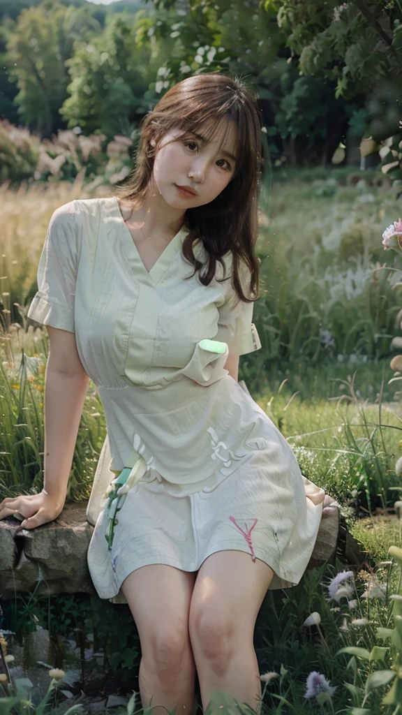 beautiful Asian woman, wearing a dress, white eye lenses, smooth white skin. sitting cross-legged,posing in a beautiful and spacious green meadow with many hills in the background. clear sky, full body view. aerial shot, fisheye lens shot, very realistic, detailed, sharp, best texture