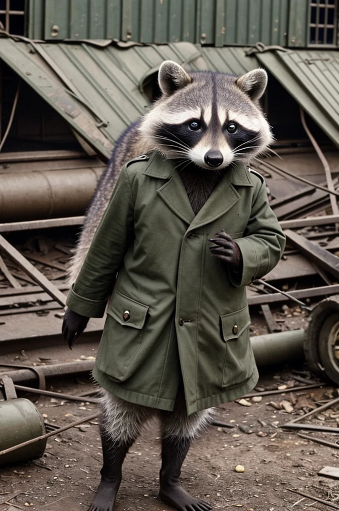 a raccoon in 1940s british clothing in a world war ii war camp 