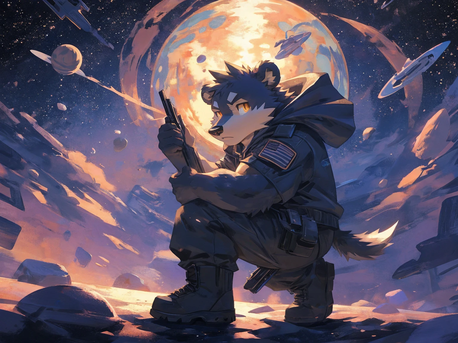 (masterpiece:1.2), best quality,pixiv,official art,perfect anatomy, (Ray tracing, light),solo, (1_male:1.3) , (muscle), (grey fur:1.4), (muscle bear), (beard:1.2), (gleaming golden eyes), bear tail, full body, Thick black eyebrows,(open hooded parka), (naked inside), (cargo pants:1.2), boots, (dreamcore:1.3), (abstract:1.3), (nihilism:1.3), The Void world, hollow , (in the space:1.3) , star , planet , earth , asteroid