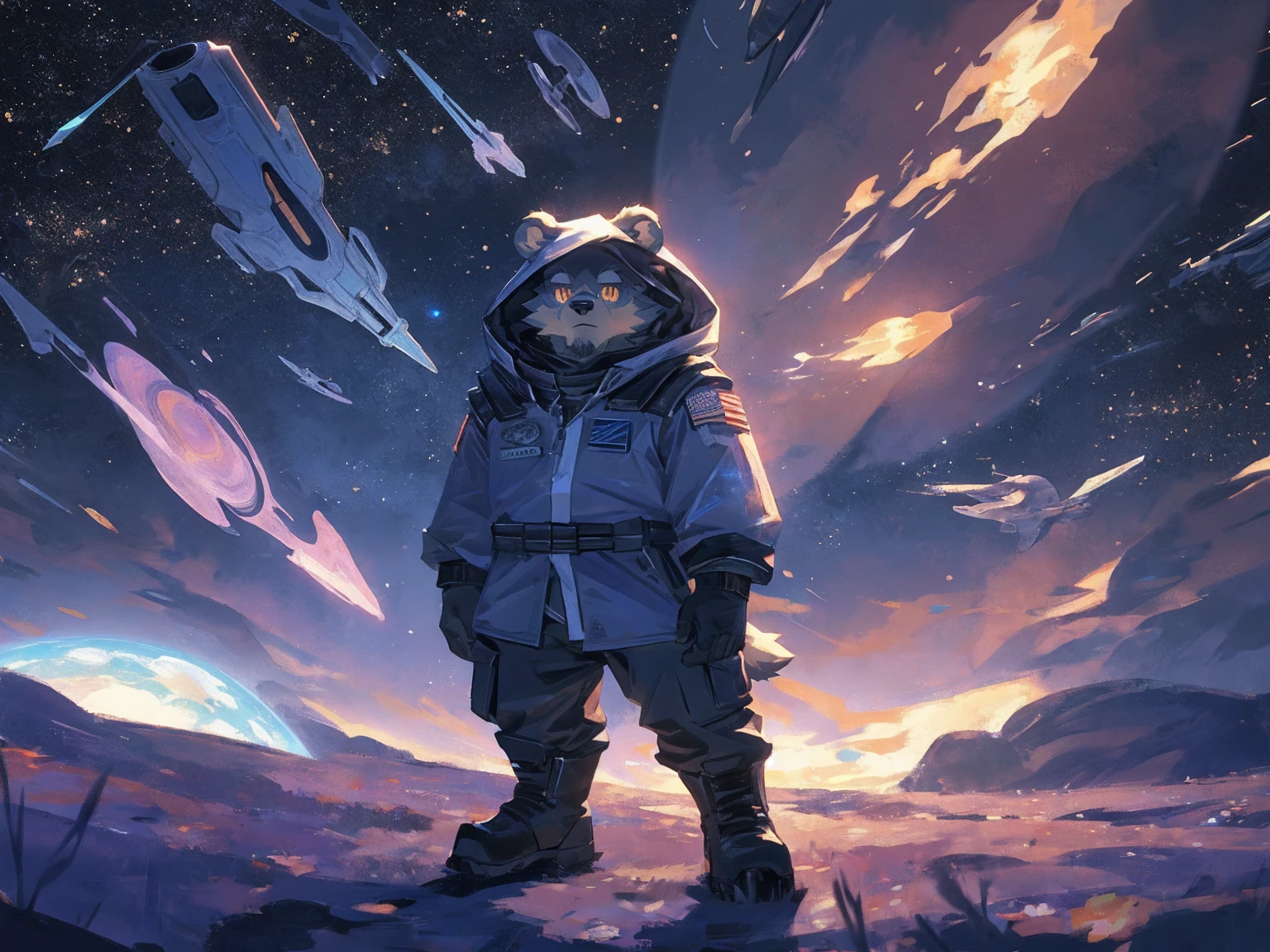 (masterpiece:1.2), best quality,pixiv,official art,perfect anatomy, (Ray tracing, light),solo, (1_male:1.3) , (muscle), (grey fur:1.4), (muscle bear), (beard:1.2), (gleaming golden eyes), bear tail, full body, Thick black eyebrows,(open hooded parka), (naked inside), (cargo pants:1.2), boots, (dreamcore:1.3), (abstract:1.3), (nihilism:1.3), The Void world, hollow , (in the space:1.3) , star , planet , earth , asteroid