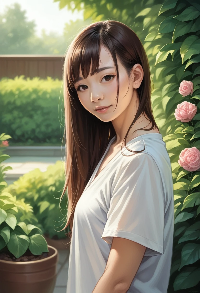candid amateur photo, (high quality, realistic photo:1.25) of beautiful young asian thai woman in the garden,brown hair