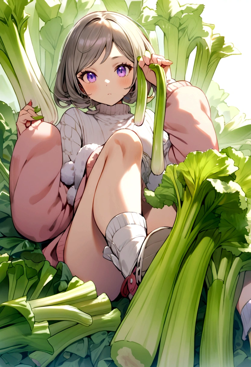 a  fairy flying over a pile of Celery, holding one Celery on her hand