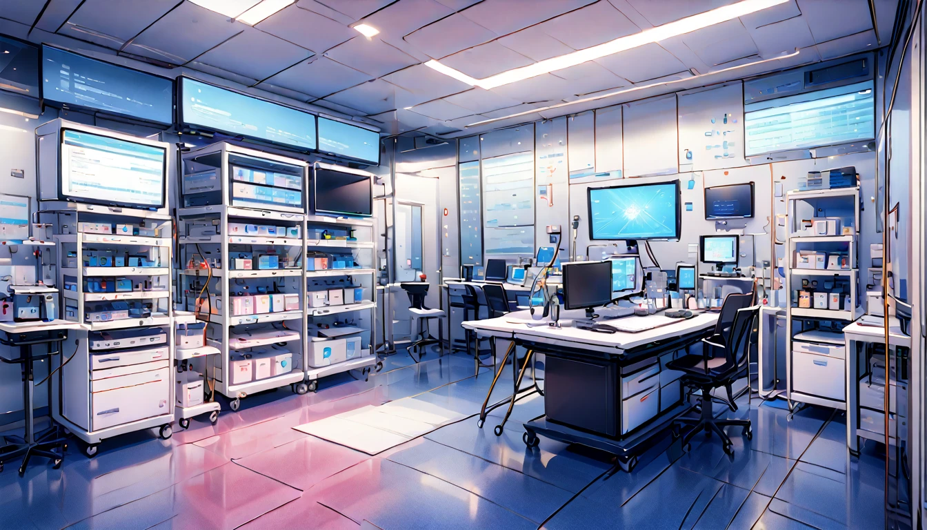 White and bright room。Future Science Lab。Institute of Science。Life Sciences。The results of scientific experiments are displayed on a giant monitor on the wall.。