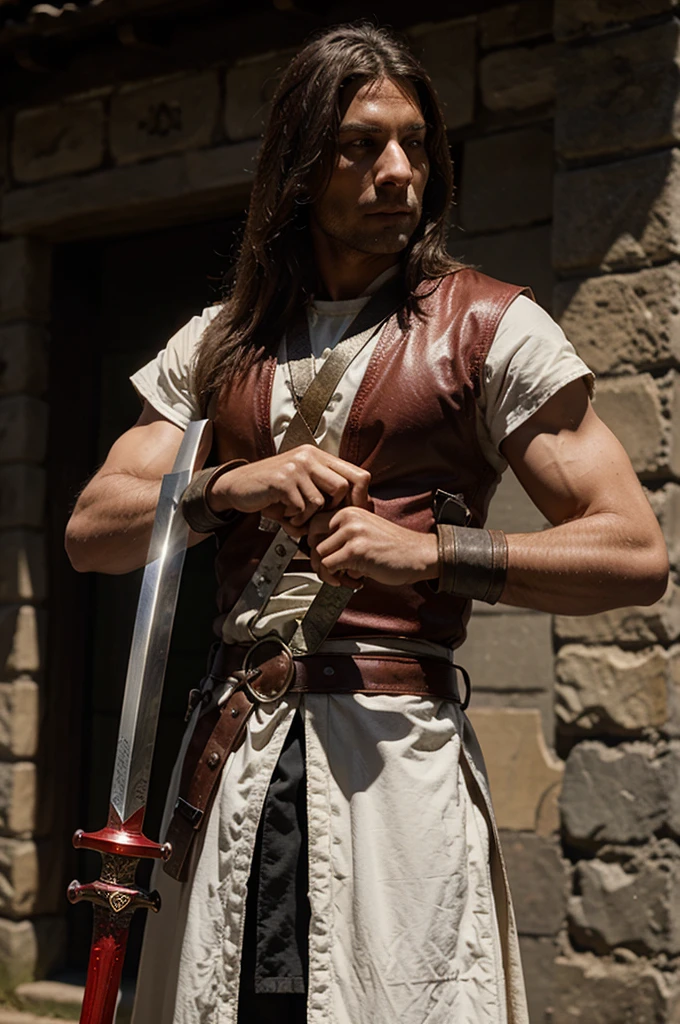 A medieval long sword with red blade, bronze guard, and white handles