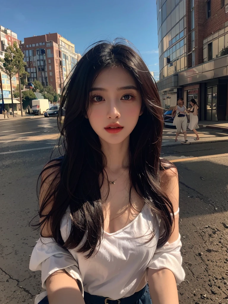 one girl,Beutiful women, Along the coast,During the day,Wearing a white camisole,Long Hair,Black hair color