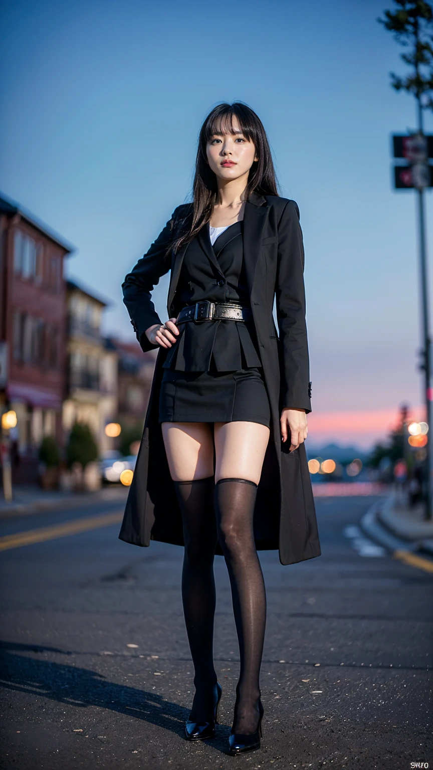 (8K、RAW Photos、Highest quality、masterpiece:1.2)、(Realistic、Realistic)、1 Girl、((Check mini skirt、Long coat、Medium Hair、black、Thin legs、whole body、boots、blackいコート、one piece、tights、Night Park、View from the front、Looking into the camera、belt、Stand with hands on hips))、cute