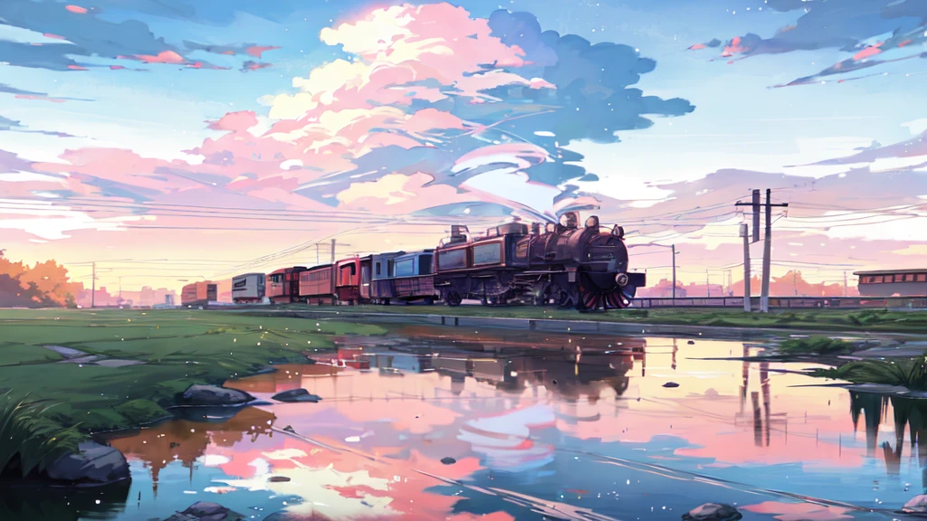 Cartoon train on tracks passing through body of water, 图像由Shinkai Makoto提供, Pixif, Concept Art, lofi style style, reflection. Enhance Details, Perfect picture quality. author:Shinkai Makoto, lofi style, Beautiful anime scene, Anime Landscape, Detailed Landscape - Width 672, in Shinkai Makoto的风格, Shinkai Makoto的风格