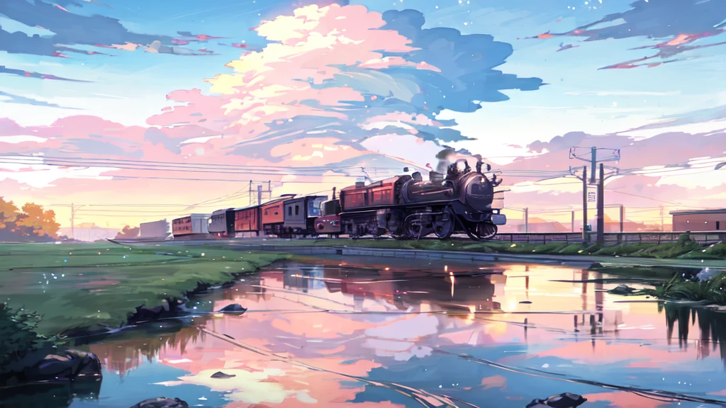 Cartoon train on tracks passing through body of water, 图像由Shinkai Makoto提供, Pixif, Concept Art, lofi style style, reflection. Enhance Details, Perfect picture quality. author:Shinkai Makoto, lofi style, Beautiful anime scene, Anime Landscape, Detailed Landscape - Width 672, in Shinkai Makoto的风格, Shinkai Makoto的风格