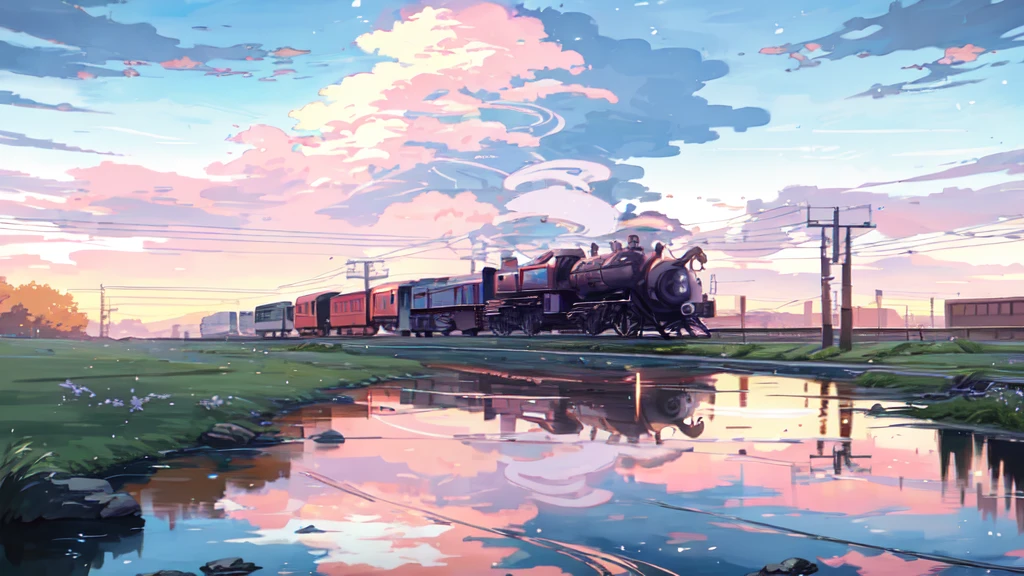 Cartoon train on tracks passing through body of water, 图像由Shinkai Makoto提供, Pixif, Concept Art, lofi style style, reflection. Enhance Details, Perfect picture quality. author:Shinkai Makoto, lofi style, Beautiful anime scene, Anime Landscape, Detailed Landscape - Width 672, in Shinkai Makoto的风格, Shinkai Makoto的风格
