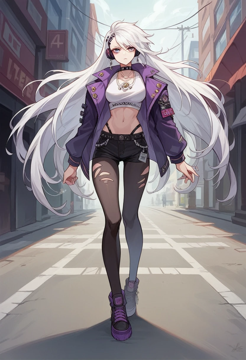 1 girl, White hair, long hair, technology masterpiece, best qualityer, realisitic, 真实感, dark purple jacket, portraite, detailedeyes, wearing headphone, Platinum hair, 21 years old, fashion pose, halfbody, wide footage, in street, cyber punk
