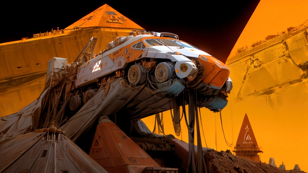 Mars base, Martian colony, On the orange surface of Mars,There is a transport vehicle,There is a robot car and a pyramid on the left.,There are many alien buildings in the middle of the picture,I hope to keep the original details,Realism,8K。