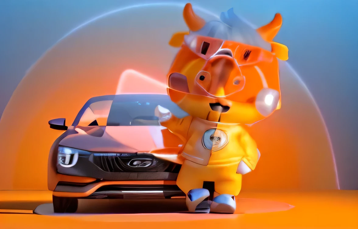 Cute cartoon orange cow,With tech glasses,Operating the technology pop-up box,Standing next to a gray car,The head and body are a gradient from orange to,There are round blush on both sides of the cheeks,Orange gloves and shoes on hands and feet,whole body,3D Model,3D renderings,Solid color background,3D renderings