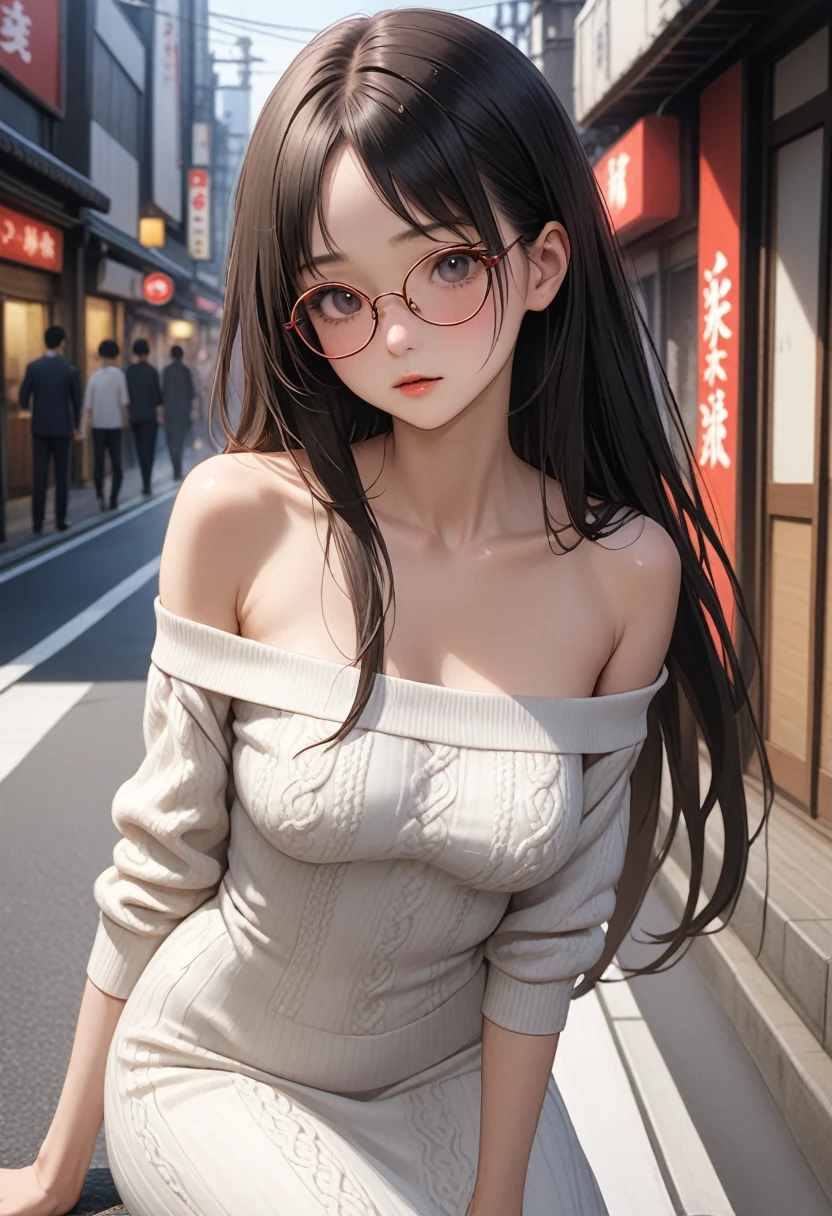 ((masterpiece,Highest quality:1.3,best illustration,realistic:0.5)),nsfw,1woman、独奏,20 year old Japanese beauty,((very small head:1.3)),center parted bangs,forehead,black hair,long hair,black eyes,gorgeous eyes,Black-rimmed glasses、shy,medium breasts,((very long body:1.2)),((toned body,slender body,skinny)),gleaming skin,shiny skin,oily skin,(off-shoulder white knit wear,red long skirt),on street,Tokyo、