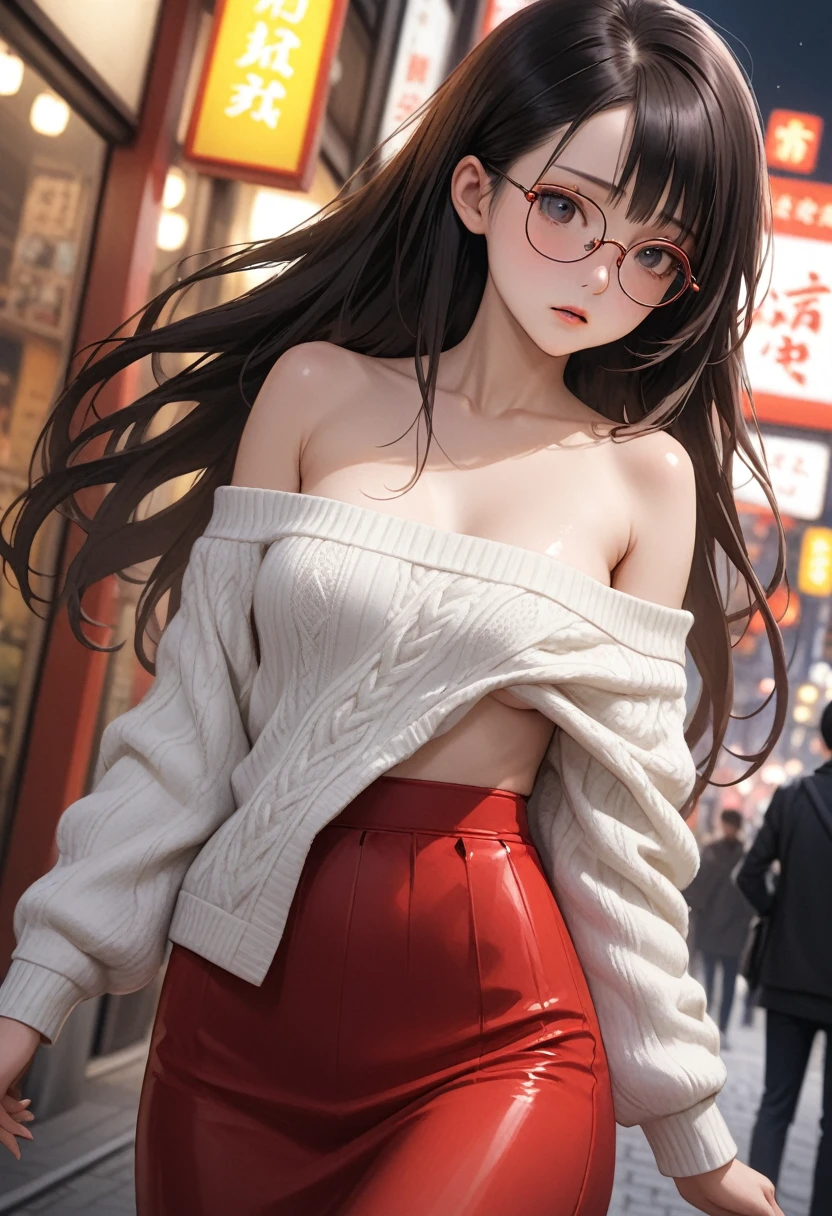 ((masterpiece,Highest quality:1.3,best illustration,realistic:0.5)),nsfw,1woman、独奏,20 year old Japanese beauty,((very small head:1.3)),center parted bangs,forehead,black hair,long hair,black eyes,gorgeous eyes,Black-rimmed glasses、shy,medium breasts,((very long body:1.2)),((toned body,slender body,skinny)),gleaming skin,shiny skin,oily skin,(off-shoulder white knit wear,red long skirt),on street,Tokyo、