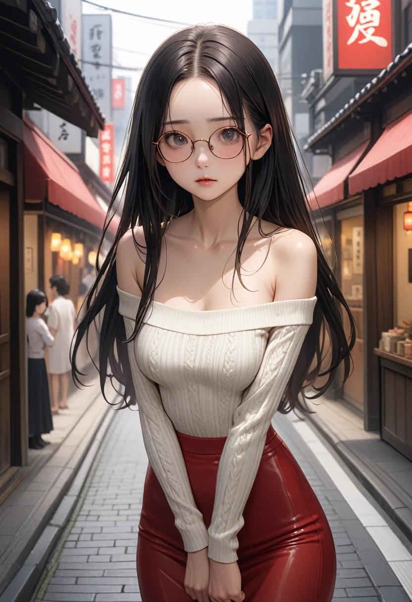 ((masterpiece,Highest quality:1.3,best illustration,realistic:0.5)),nsfw,1woman、独奏,20 year old Japanese beauty,((very small head:1.3)),center parted bangs,forehead,black hair,long hair,black eyes,gorgeous eyes,Black-rimmed glasses、shy,medium breasts,((very long body:1.2)),((toned body,slender body,skinny)),gleaming skin,shiny skin,oily skin,(off-shoulder white knit wear,red long skirt),on street,Tokyo、