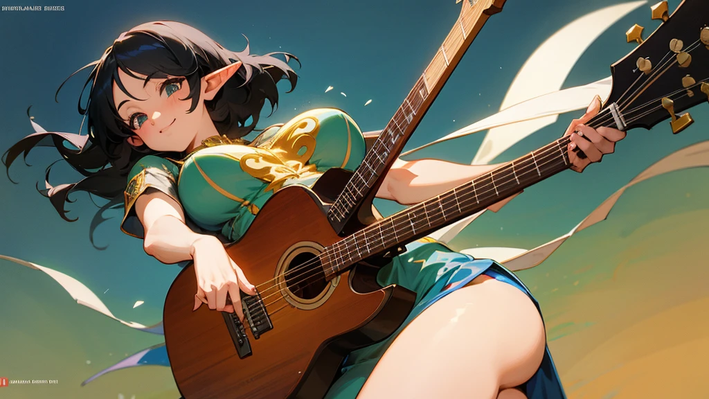 Anime Style,Nostalgic,Detailed background,The medieval world,A lively bar with lots of people,Smiling bard black haired beautiful elf,guitar,Large Breasts,Healthy thighs,Underarm