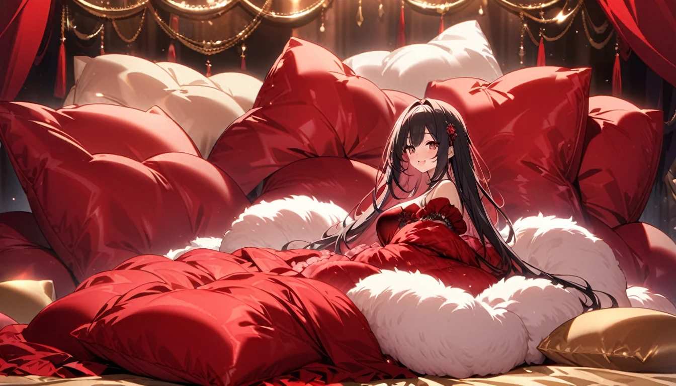 Fluffy red silk duvet、Lots of giant silk pillows、Luxurious fluffy red silk bed