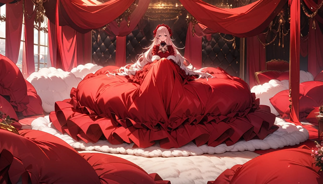Fluffy red silk duvet、Lots of giant silk pillows、Luxurious fluffy red silk bed