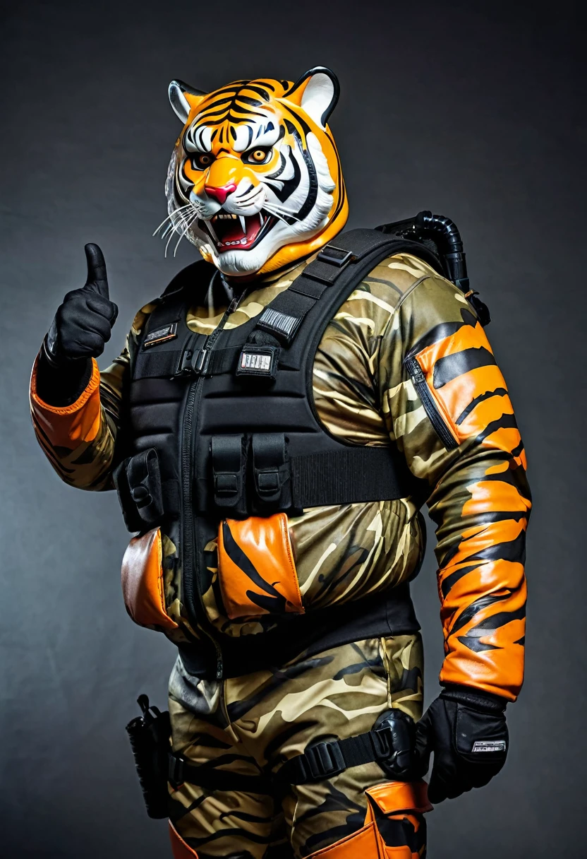 (a dark-skinned fat muscular old man in a bulky camouflage zipper diver suit) saluting, (wearing realistic roaring siberian tiger mask) and gun inside a holster, thumbs up, muscular, Basuki Abdullah, sumatraism, action, a character portrait, heroic, fierce, snarling