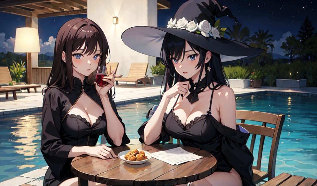 ((Top quality anime images)), ((masterpiece)), Two beautiful witches enjoying the night pool,high resolution,One is very shy