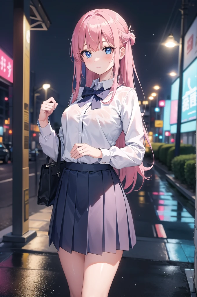 nodokaharamura, nodoka haramura, blue eyes, hair bow, long hair, pink hair, bow,
BREAK blue skirt, kiyosumi , pleated skirt,serafuku, skirt,
BREAK looking at viewer,
BREAK indoors, city,night,neon lights,rain,wet road,reflections
BREAK (masterpiece:1.2), best quality, high resolution, unity 8k wallpaper, (illustration:0.8), (beautiful detailed eyes:1.6), extremely detailed face, perfect lighting, extremely detailed CG, (perfect hands, perfect anatomy),black pantyhose, full body, standing in street, wet uniform,no bra,nipples,nipples see through,open blouse,wet hair,