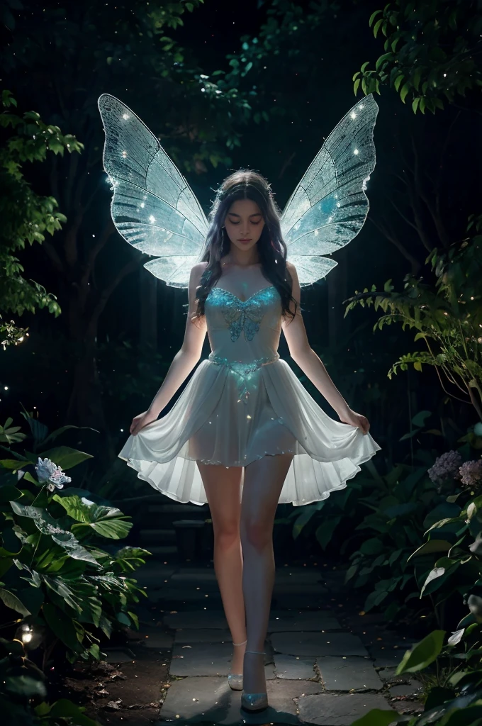 alta qualidade, 8k ultra hd |, jardim encantado ao luar, In the heart of the garden stands a beautiful and graceful fairy figure, adornado em delicado, roupas fluidas que brilham com a luz das estrelas, Her wings glow with moonbeams as she spreads a sense of wonder and tranquility, Entre em um reino de encantamento com esta hipnotizante obra de arte digital, The scene unfolds in a moonlit garden full of ethereal beauty, Flores lunares brilhantes e vagalumes luminescentes criam um brilho sobrenatural, Casting a magical ambiance over the scene, The color palette is a delicate mix of cool blues and soft pastels, por yukisakura, altamente detalhado,