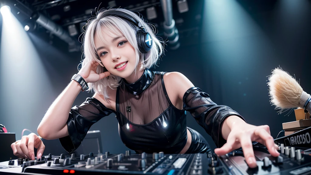 (ultra - detailed, 16K resolution, Cinema lenses, rendering by octane), (high resolution:1.18), intricate detail, (masterpiece:1.1), (highest quality:1.1), (1girl, portrait, white hair, blue eyes, short hair, detailed eyes),Wearing silver DJ headphones, Shiny silver sequined T-shirt, (Iconic hip-hop pop costumes:1.3), Smile while DJing on stage, full body shot of, The spotlight shines on the female DJ. Photorealistic photography by Disco Lighting, (cute round face:1.3), perfect fingers, five fingers, beautiful hands, perfect hands. master peace, cute smile.