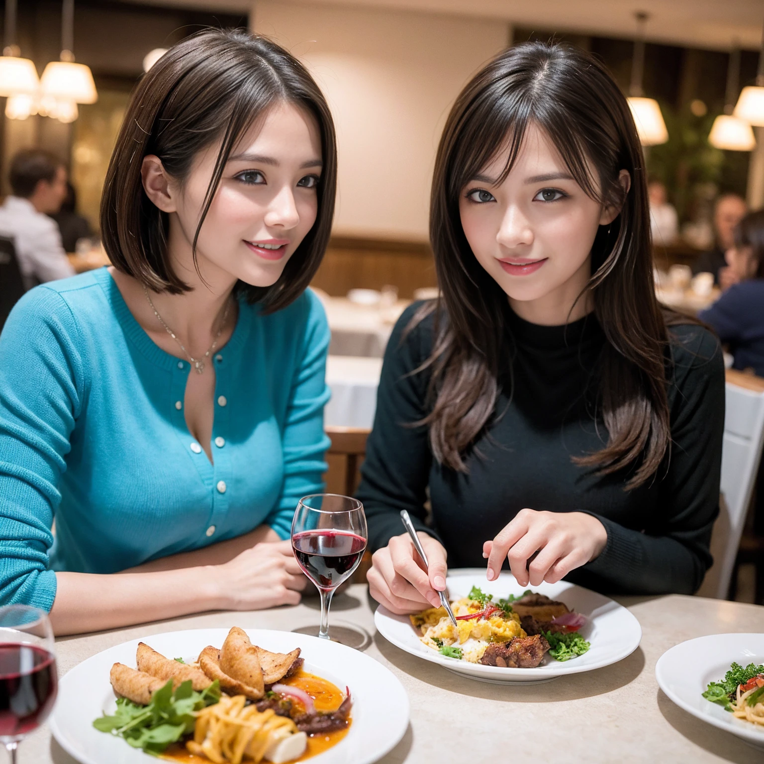((Highest quality、8K、masterpiece:1.3))、slimカップル、Pink rubber、modelカップル、(Realistic, Intricate details:1.2), full-course dinner、Wine Party、Amazing view of the sunset sky and clouds、A bright smile、The wonderfulness of smile、Bright image、The beauty of wine, Beautiful Face, blue eyes, The light shines on your face, Blushing, short hair,Bright Face、 (Age 37), 39 years old, red wine 、Appetizers、Italian food、Wine bottle、Champagne、sparkling wine、Two beauties、Brown Hair、Shortcuts、Long sleeve shirt、dress、Beautiful woman 1, (slimな顔), (The body is slim), (Brown Hair), (Shortcuts), cheeks turn a little red,Attractive beauty、restaurant, In a prominent place (From the waist up) Nova Frog Style, actress, model, Upper Body, White wine, slim, wine glass, 中央に置かれたwine glass, smile, (smile: 1.15), Beautiful fine grain, Depth f/2,saturation, High Contrast, Strong light and shadow,Moist Body:1.5、3D texture、Delicate eyes、Brown Hair、The hair is very shiny、