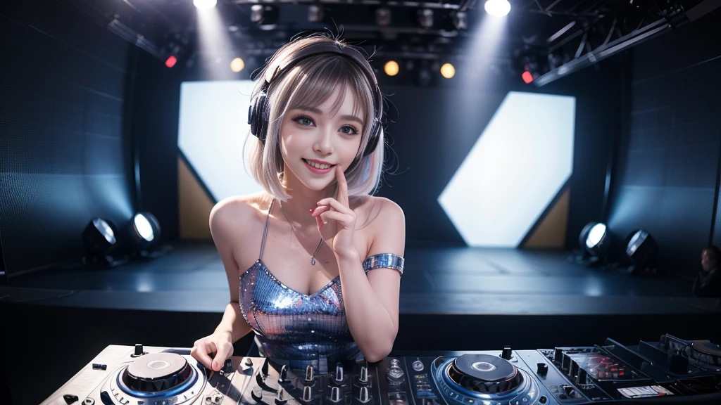 (ultra - detailed, 16K resolution, Cinema lenses, rendering by octane), (high resolution:1.18), intricate detail, (masterpiece:1.1), (highest quality:1.1), (1girl, portrait, white hair, blue eyes, short hair, detailed eyes),Wearing silver DJ headphones, Shiny silver sequined T-shirt, (Iconic hip-hop pop costumes:1.3), Smile while DJing on stage, full body shot of, The spotlight shines on the female DJ. Photorealistic photography by Disco Lighting, (cute round face:1.3), perfect fingers, five fingers, beautiful hands, perfect hands. master peace, cute smile.