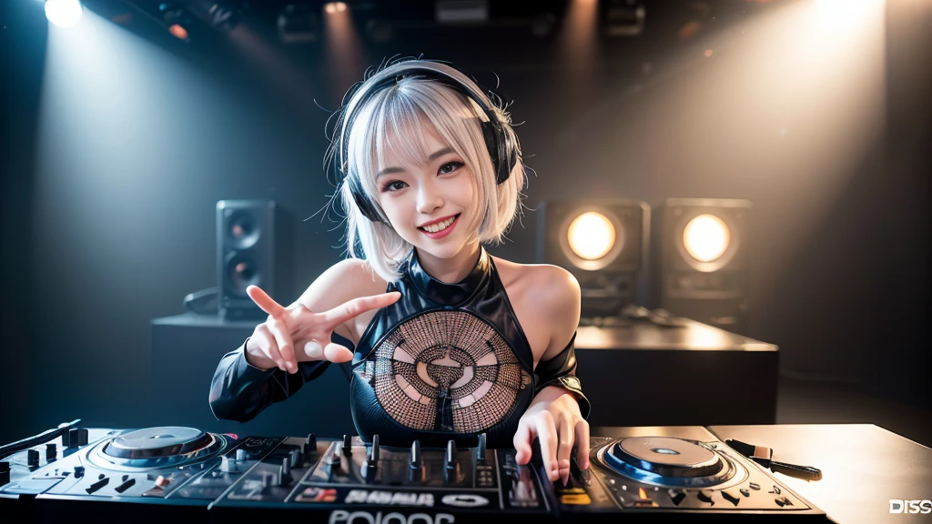 (ultra - detailed, 16K resolution, Cinema lenses, rendering by octane), (high resolution:1.18), intricate detail, (masterpiece:1.1), (highest quality:1.1), (1girl, portrait, white hair, blue eyes, short hair, detailed eyes),Wearing silver DJ headphones, Shiny silver sequined T-shirt, (Iconic hip-hop pop costumes:1.3), Smile while DJing on stage, full body shot of, The spotlight shines on the female DJ. Photorealistic photography by Disco Lighting, (cute round face:1.3), perfect fingers, five fingers, beautiful hands, perfect hands. master peace, cute smile.