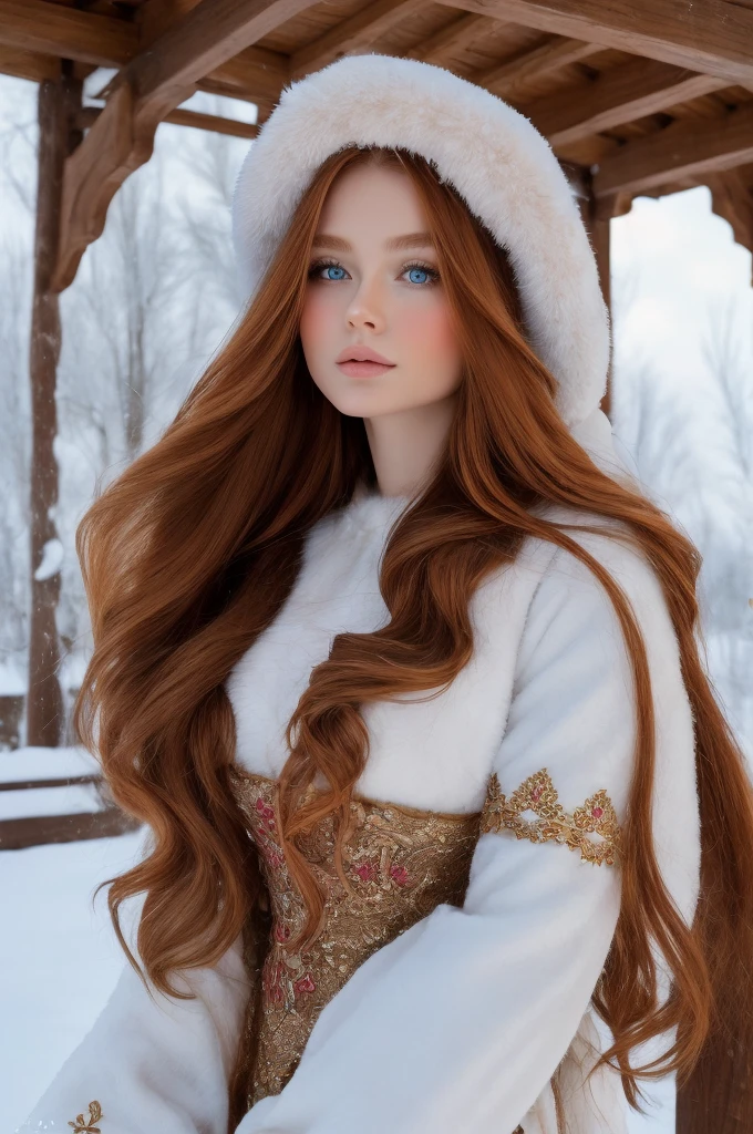 A gorgeous, pretty, shiny, kind-hearted, warm-hearted, sweet, polite, sensitive, friendly, charming, graceful, stylish, classy, alluring, majestic, ethereal, angelical ginger long haired russian woman dressed in traditional winter costumes.