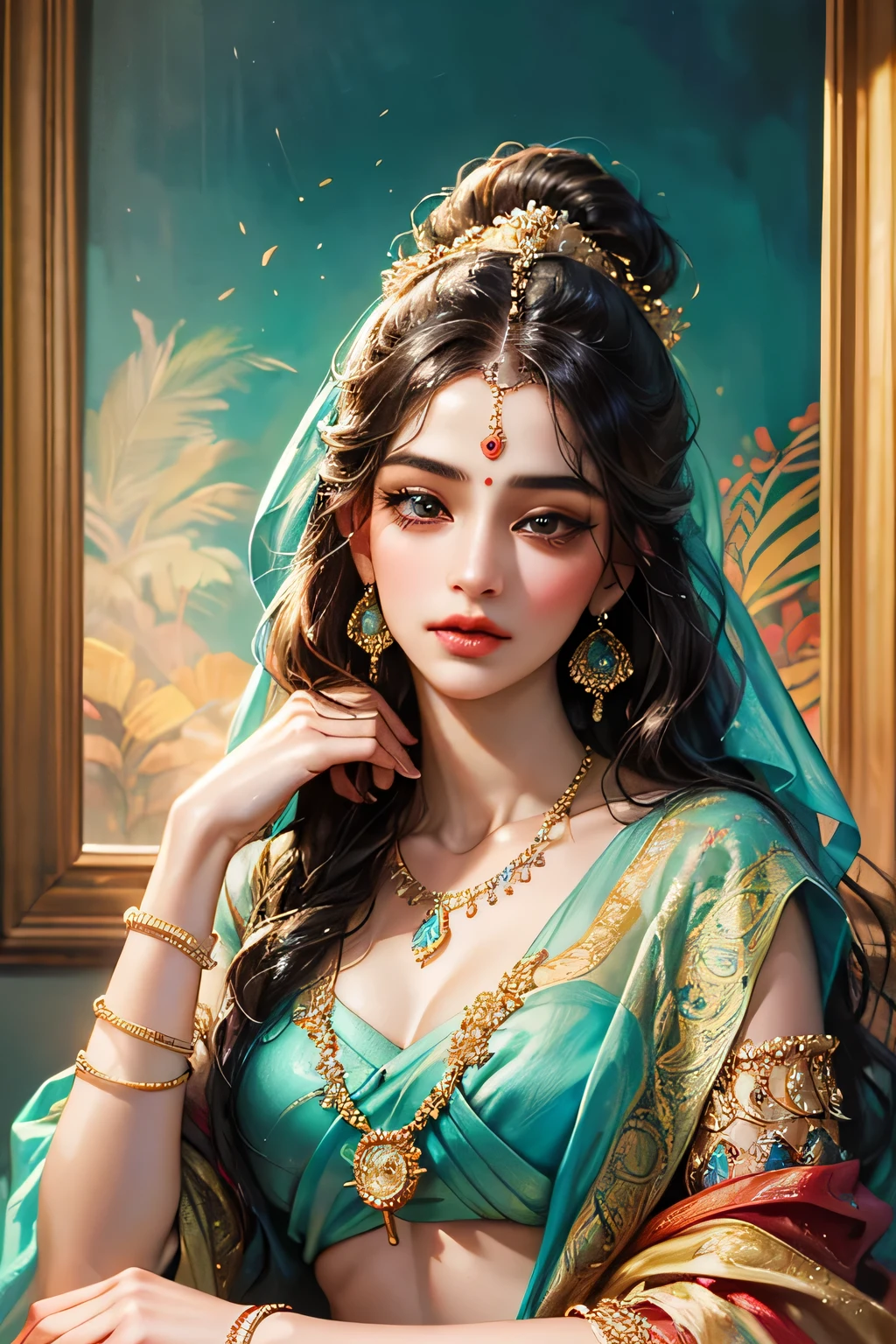 painting of a woman in a colorful sari with a necklace and earrings, beautiful character painting, painting of beautiful, indian art, traditional beauty, beautiful art uhd 4 k, beautiful digital artwork, very beautiful portrait, beautiful digital painting, detailed beautiful portrait, gorgeous woman, stunning digital painting, beautiful portrait, beautiful digital art, stunning portrait, beautiful gorgeous digital art, indian