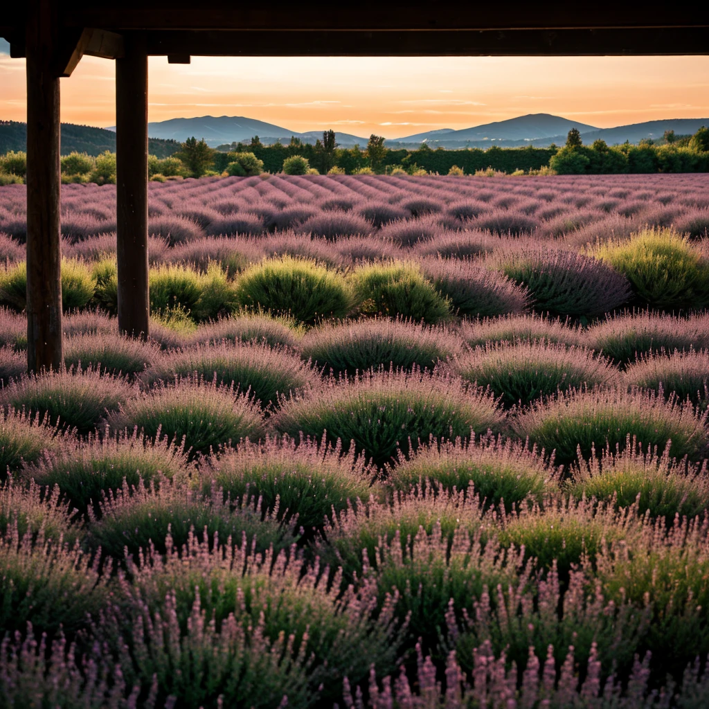 , chiaroscuro, bokeh, f/1.2, Realism, Verism, close-up, UHD, highres, 1080P, HD, best quality, high quality, super detail, lavender field, at sunset, summer, against the background of mountains5
