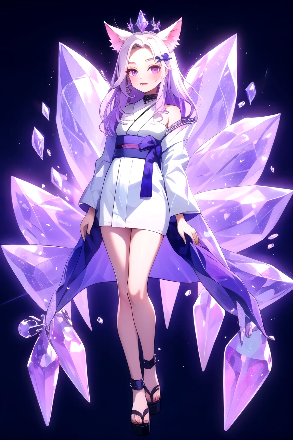 detailed eyes, detailed hands, full body image, humanoid kitsune, crystal crown, kimono clothing, lavender hair, lavender fox ears, crystal foxtails shape, crystallize foxtails shape, crystal forehead markings