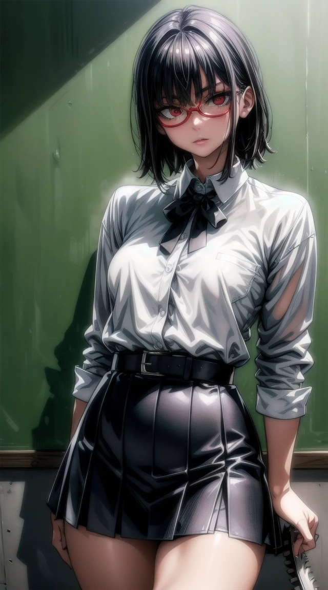 (masterpiece, best quality: 1.2), yoru(chainsaw man),(very detailed face, real image, realistic skin, realistic body, intricate details), red eyes (intimidating look), light blush, social clothing, semi-open button-up shirt (White), white bra, Skirt (black), black belt with buckle, short hair, glasses, small breasts, close-up, large thighs, classroom, blackboard.